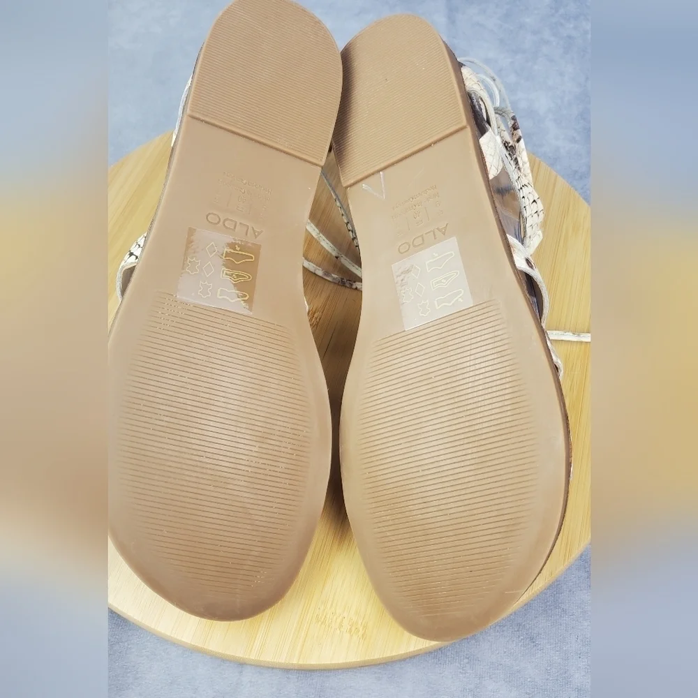 ALDO Womens Jaeryan Cream Gray‎ Leather Caged Strap Snake Print Flat Sandals 9